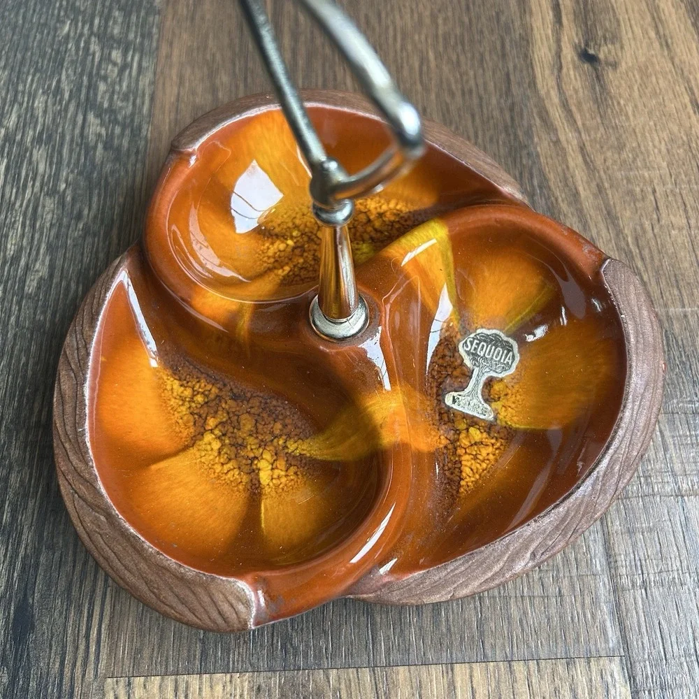 Vintage MCM Sequoia Ware Orange Drip 3 Section Nut Candy Dish #618